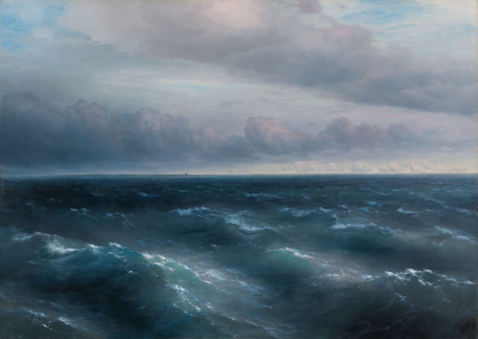 Айвазовский · «Чёрное море» · 1881 Две полосы серого — и ни скандала, ни манифеста. Он не спорил с традицией и не строил теорий: просто написал море таким, каким оно выглядит, когда с ним ничего не происходит. И оставил на горизонте корабль — чтобы зритель понял размер того, на что смотрит. Полотно — Государственная Третьяковская галерея, Москва; общественное достояние: автор умер в 1900 году.