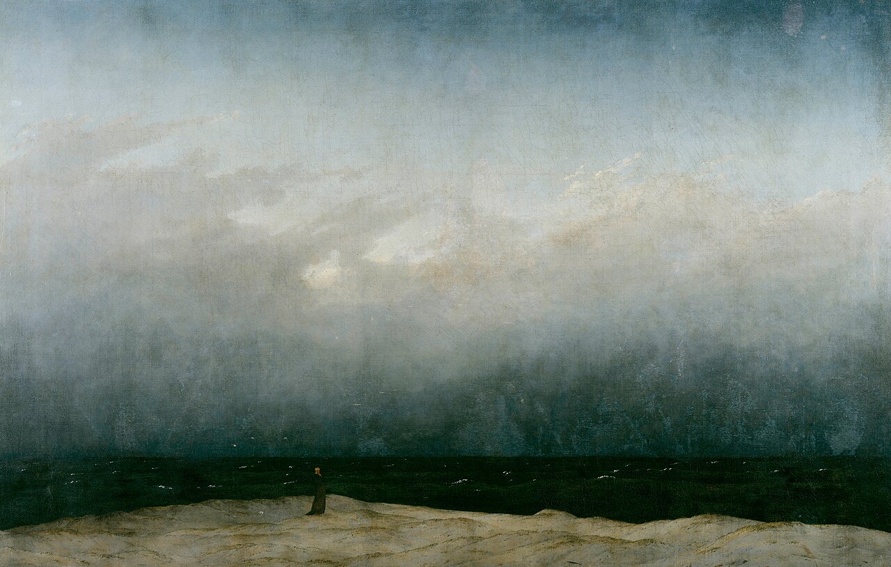 Фридрих · «Монах у моря» · 1808–1810 Первая в европейской живописи картина, где почти ничего нет: полоса берега, полоса моря, огромное небо — и крошечная фигура монаха. Современников она возмутила: они не понимали, куда смотреть. Ровно тот же приём, что у Айвазовского, — только человек показан на берегу, а не в море. Полотно — музей Старая национальная галерея, Берлин; общественное достояние: Фридрих умер в 1840 году.