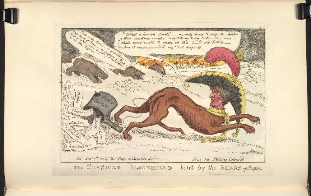 Уильям Элмс · 1813 «Корсиканская ищейка в кольце русских медведей» Наполеон окружён русскими медведями