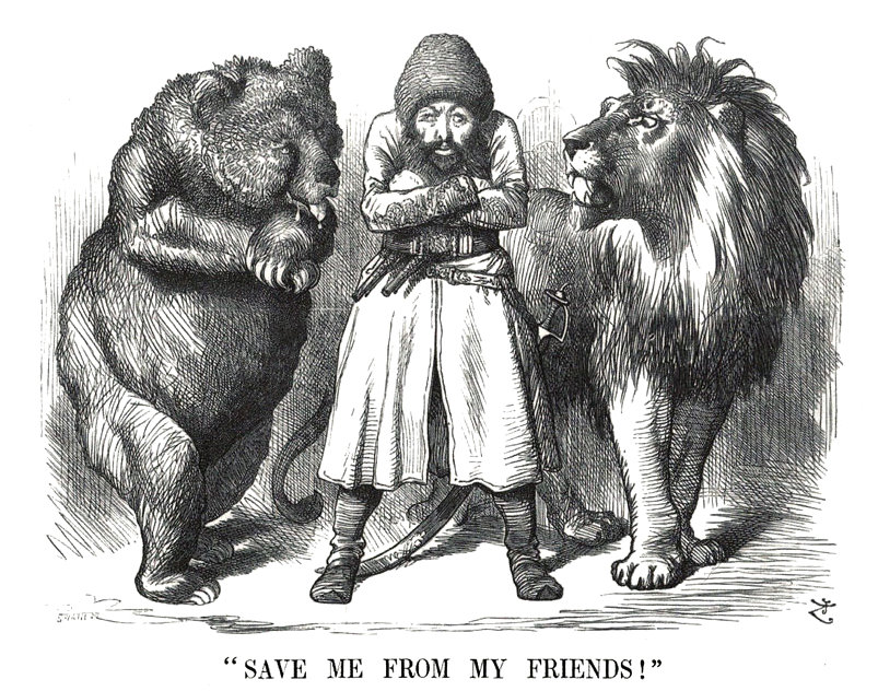 Джон Тенниел · 1878 «Спасите меня от моих друзей!» (Save Me from My Friends!) · Punch, 30.11.1878 Афганистан зажат между Россией и Англией