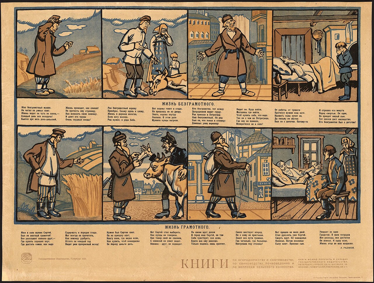 А. Радаков · 1920 «Жизнь безграмотного. Жизнь грамотного» Два жизненных пути: без грамоты и с ней.