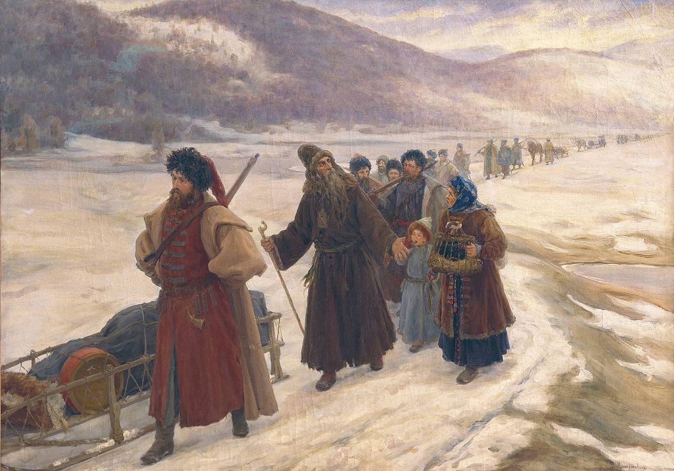 С. Д. Милорадович. «Аввакум в Сибири». 1898. Художник написал картину спустя два века по мотивам самого Жития — протопоп с посохом впереди, матушка Марковна с детьми следом, тем же путём, что на льду.