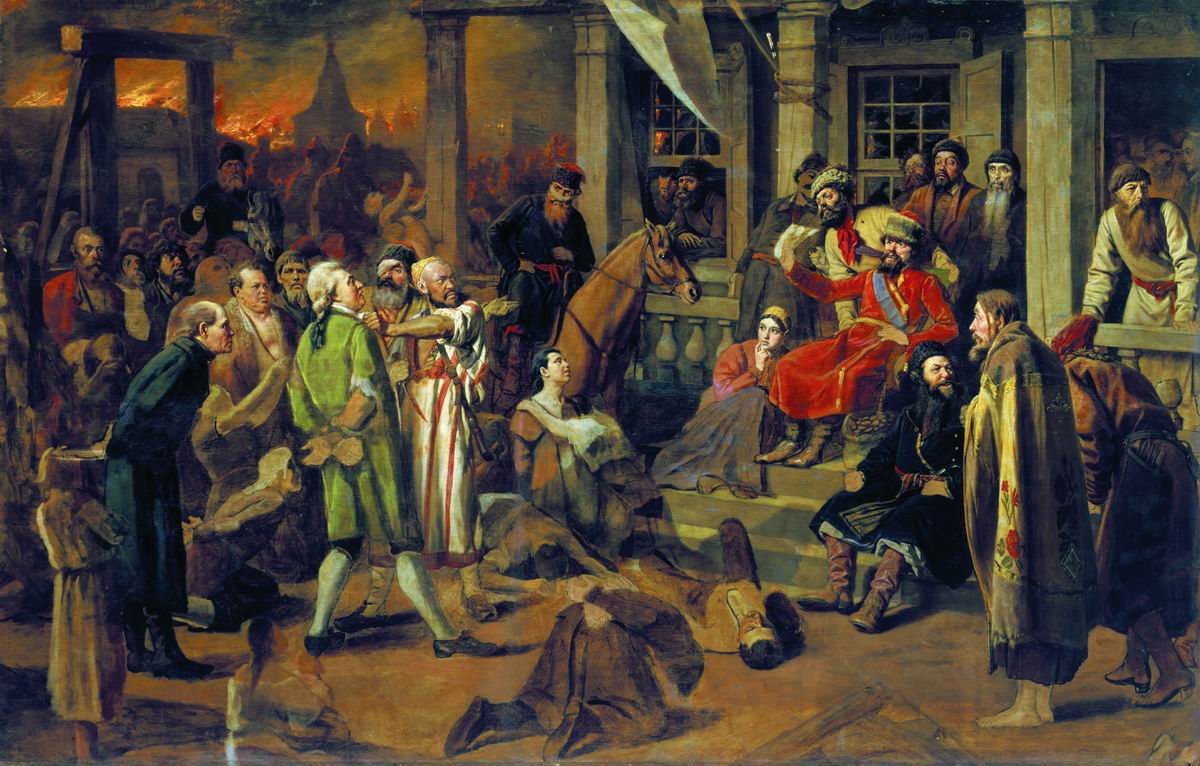 Василий Перов. «Суд Пугачёва», 1875. Не иллюстрация к роману: художник показал суд восставших над пленными. Так выглядела эпоха, в которую Пушкин поместил своих героев.