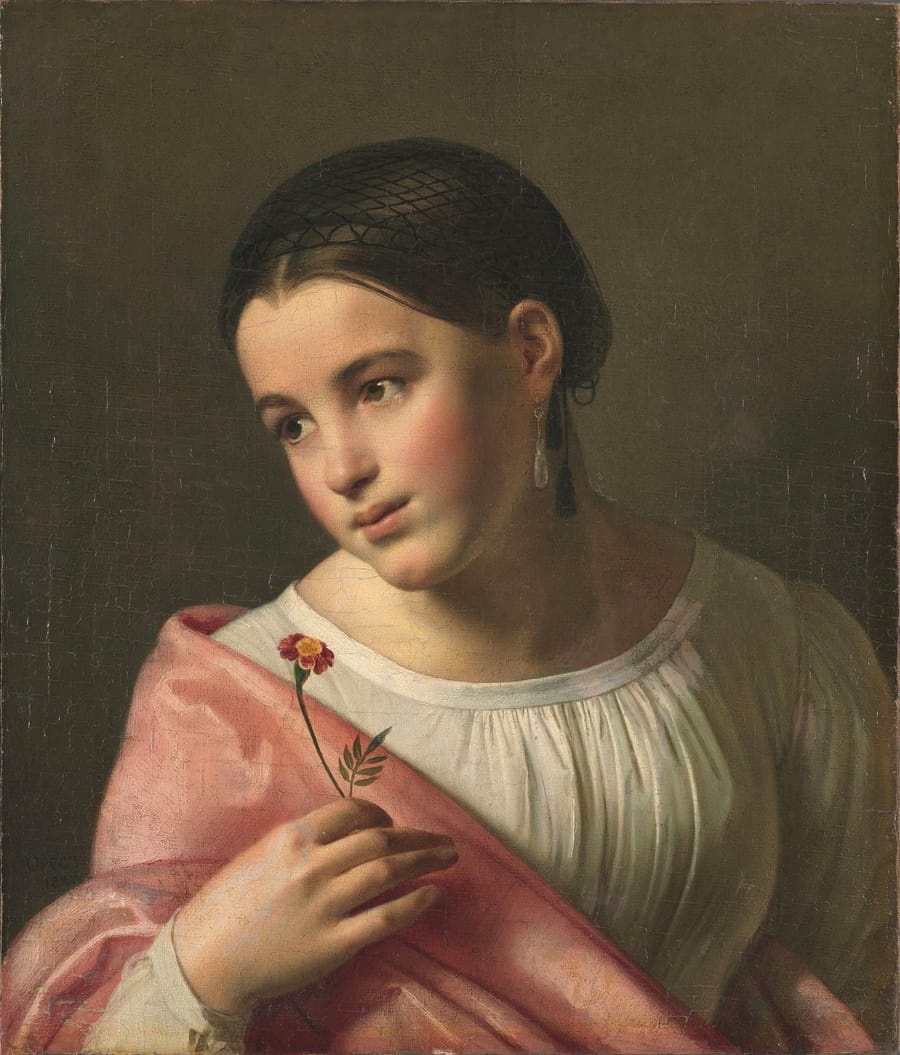 Орест Кипренский. «Бедная Лиза», 1827. Государственная Третьяковская галерея. Художник написал героиню через 35 лет после выхода повести — с цветком в руке.