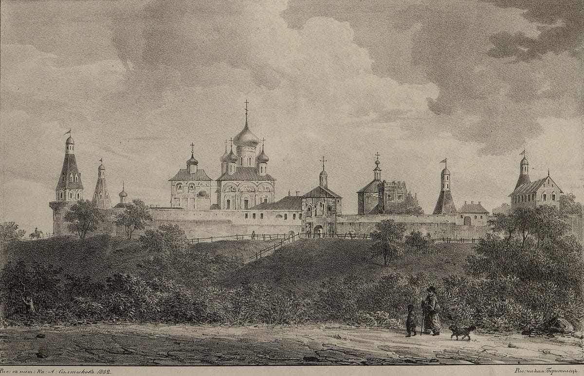 Симонов монастырь в Москве. Литография Т. Бориспольца по рисунку А. Д. Салтыкова, 1832. Государственный исторический музей. Те самые «готические башни» на горе над рекой, о которых пишет рассказчик.