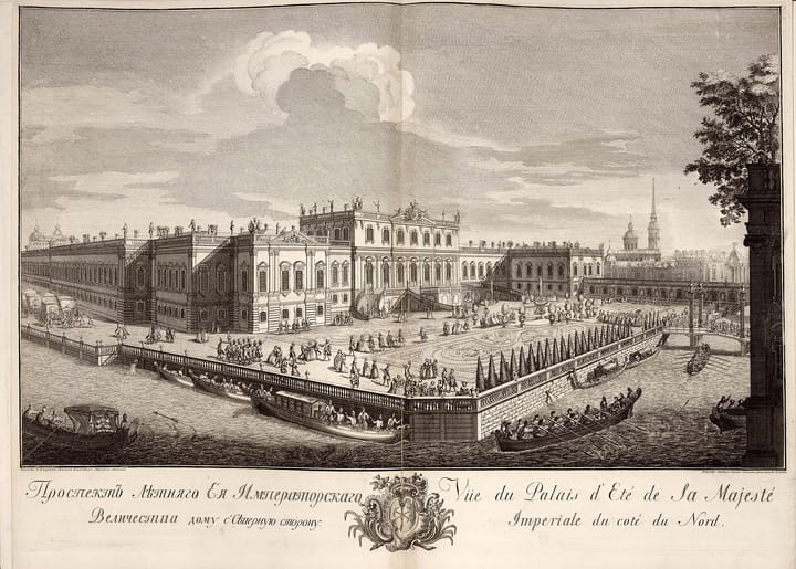 Летний дворец императрицы Елизаветы Петровны с северной стороны, 1753. Гравюра из альбома видов Петербурга по рисункам Михаила Махаева. Таким город был почти за тридцать лет до премьеры «Недоросля».