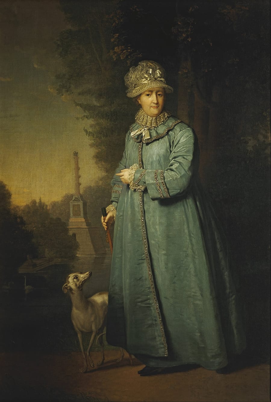 Владимир Боровиковский. «Екатерина II на прогулке в Царскосельском парке», 1794. Государственная Третьяковская галерея. Императрица не в парадном облачении, а в простом платье на прогулке.