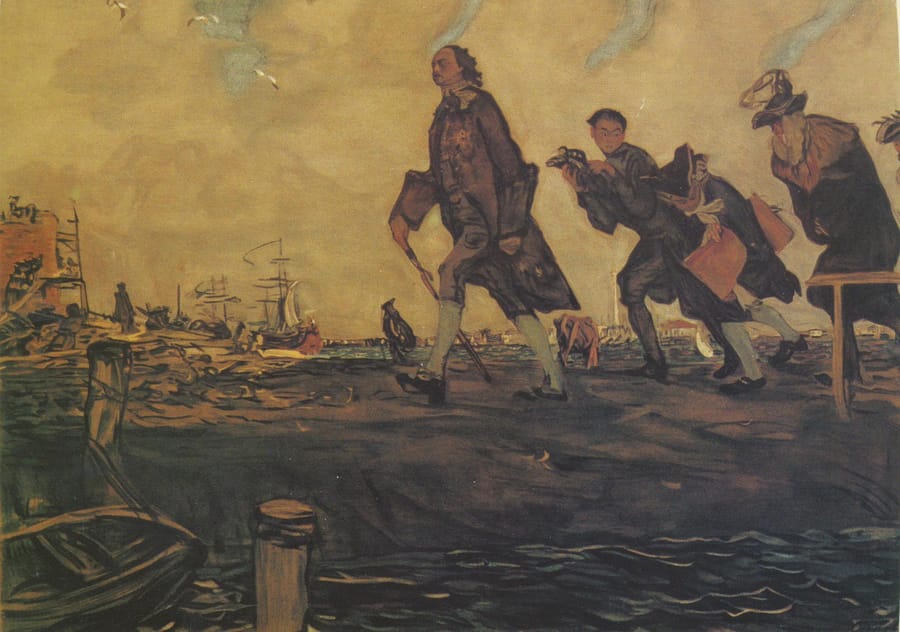 В. А. Серов. «Пётр I». 1907. Государственная Третьяковская галерея. Серов написал Петра на ходу: царь идёт против ветра так быстро, что свита едва поспевает.