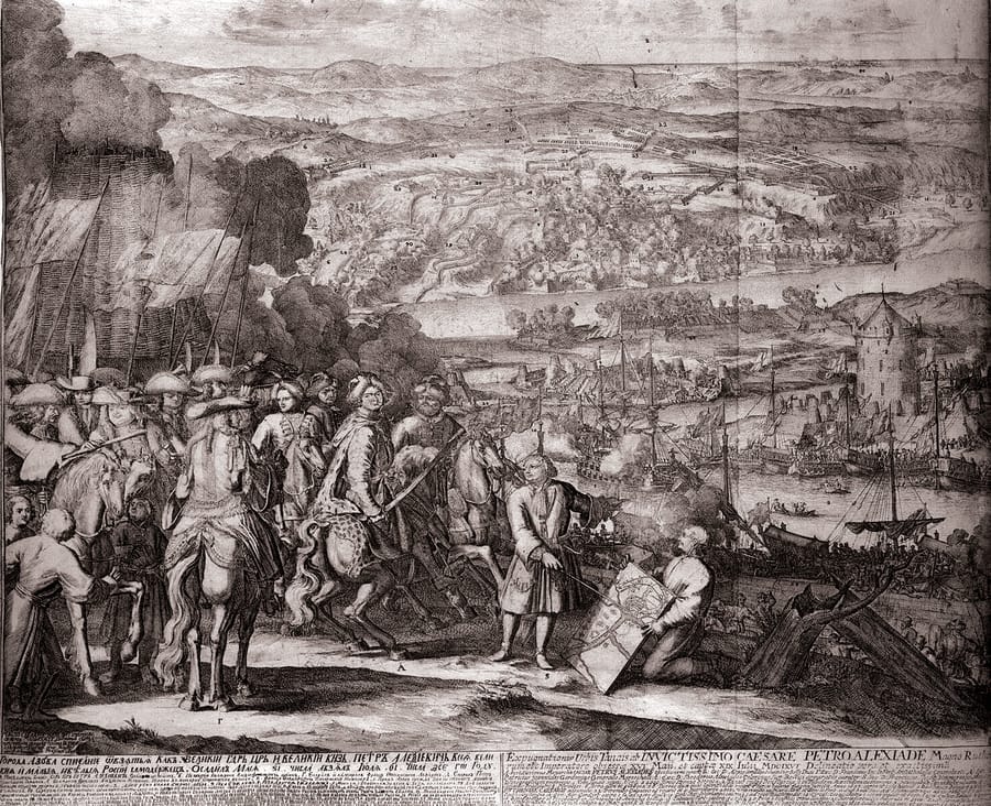 А. Схонебек. «Взятие Азова». Гравюра, 1699. Голландский гравёр при дворе Петра изобразил победу 1696 года: на реке — корабли нового флота. Во второй книге романа Пётр идёт под Азов.