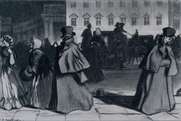 Б. М. Кустодиев. «Акакий Акакиевич на Невском проспекте». 1905. Государственный Русский музей. Вечерний Петербург, по которому Акакий Акакиевич впервые за много лет идёт в гости — в новой шинели.