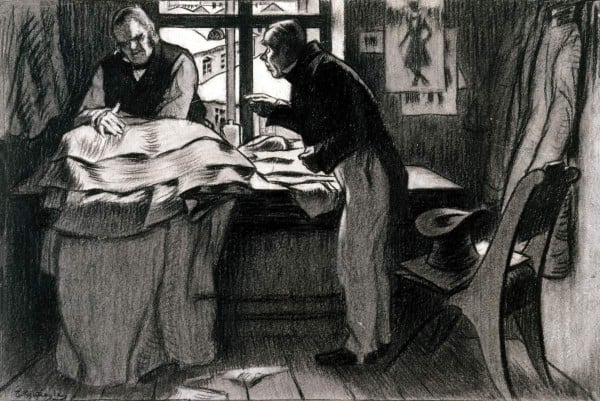 Б. М. Кустодиев. «Акакий Акакиевич у Петровича». 1905. Государственный Русский музей. Петрович разложил старый капот на столе. Через минуту он скажет: «Нет, нельзя поправить: худой гардероб!»
