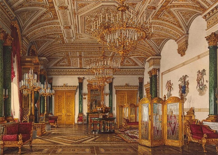 К. А. Ухтомский. Малахитовый зал Зимнего дворца, около 1858. «Та самая палата, коя здешним малахитом изукрашена».