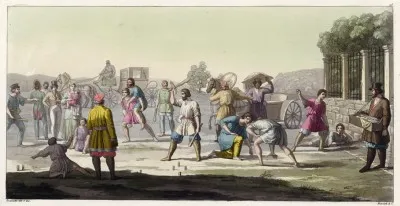 Акватинта Браматти 1826 года: толпа играет в городки и пристенок у ограды