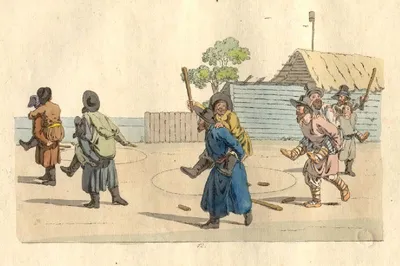 Гравюра 1805 года: игроки с палками у избы, один замахивается