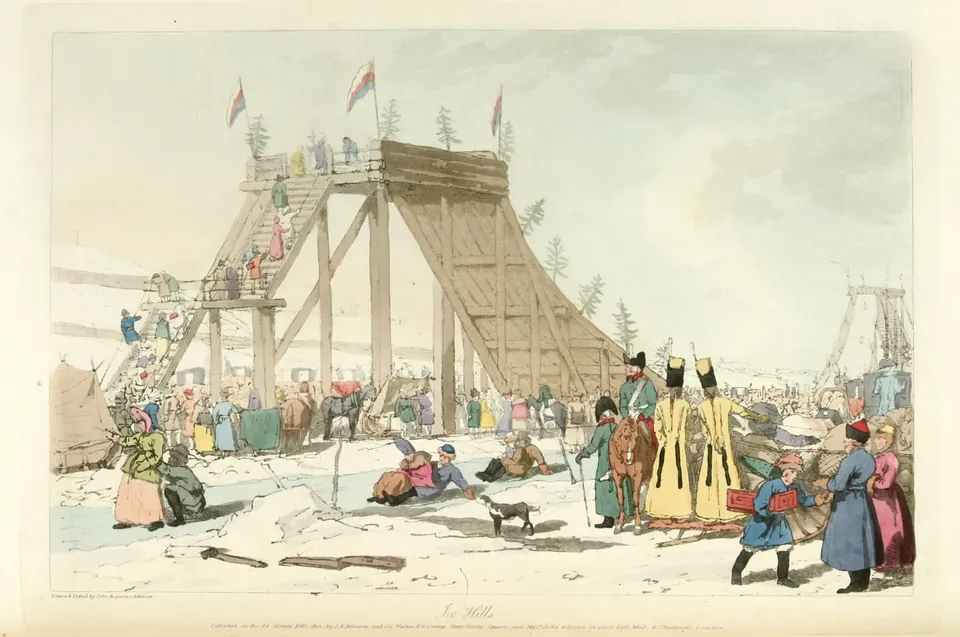 Гравюра 1804 года: высокая деревянная ледяная гора с флагами на льду реки, по скату летят санки, внизу толпа в шубах