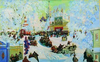 Картина Кустодиева «Масленица» 1919 года: зимний город, катание на санях