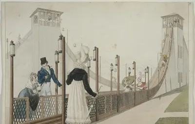 Французская гравюра 1816 года «Русские горы у заставы Руль»: дамы на галерее у длинного ската
