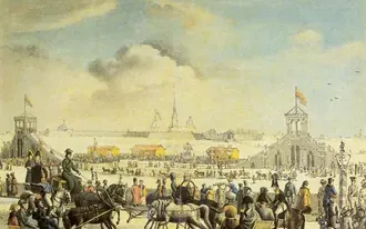 Раскрашенная гравюра 1817 года: катальные горы на Большой Неве, тройки на льду