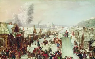 Картина Соломаткина «Масленица» 1878 года: горка, сани и толпа на улице городка