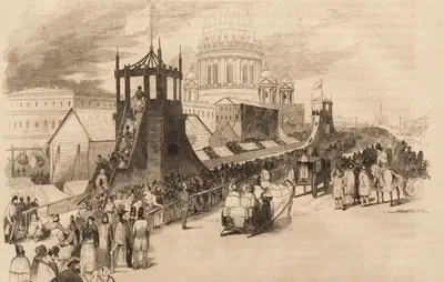 Рисунок из книги 1874 года: Масленица в Петербурге, деревянные горки с флагами и гуляющие