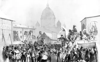 Литография Тимма 1858 года: масленичное гулянье в Петербурге, балаганы и толпа